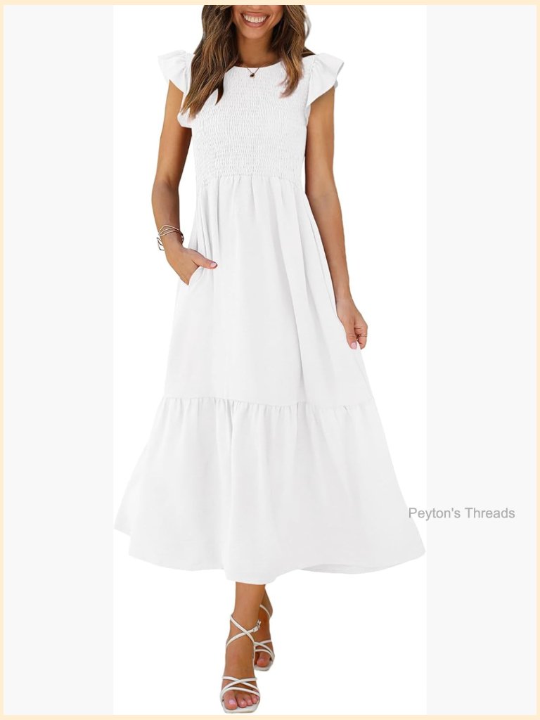 Casual Flutter Sleeve Maxi Dress With Pockets Smocked A-Line